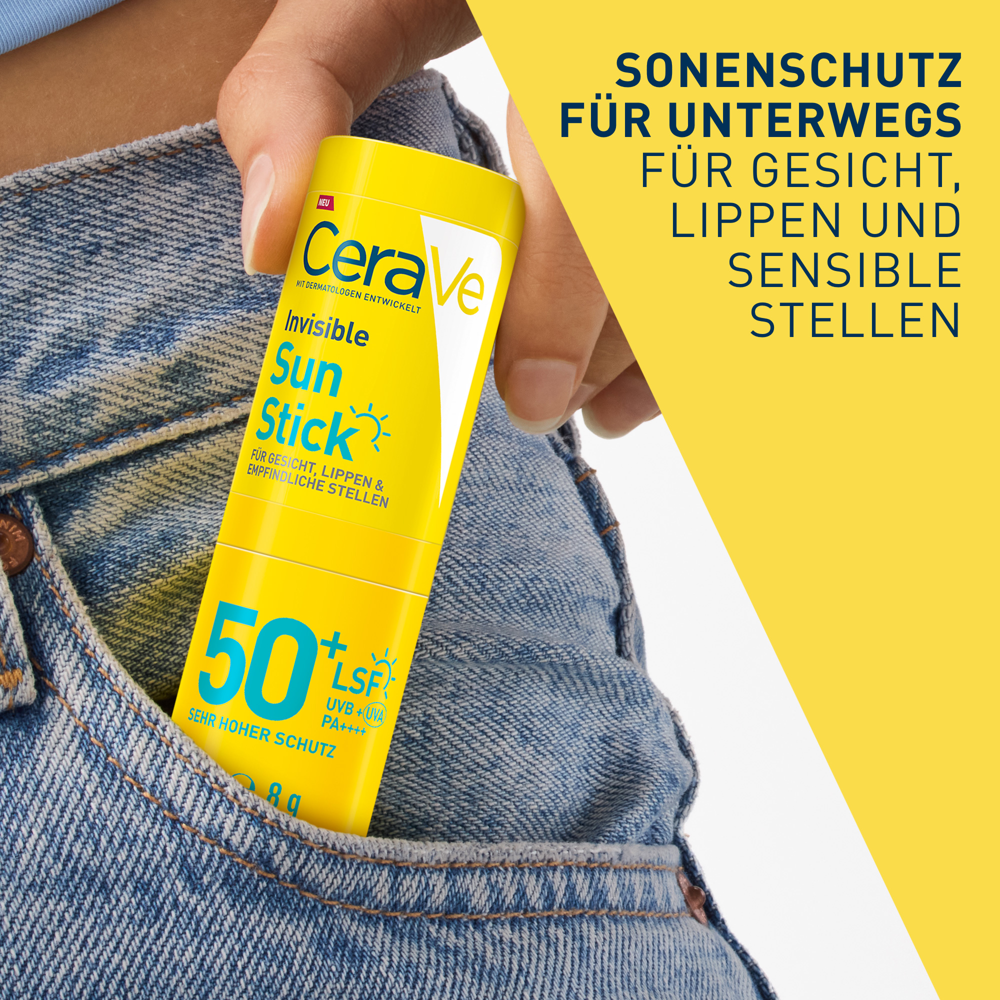 CeraVe Invisible Sun Stick LSF 50+ in Hosentasche. Text: Sonnenschutz für unterwegs, für Gesicht, Lippen und sensible Stellen.